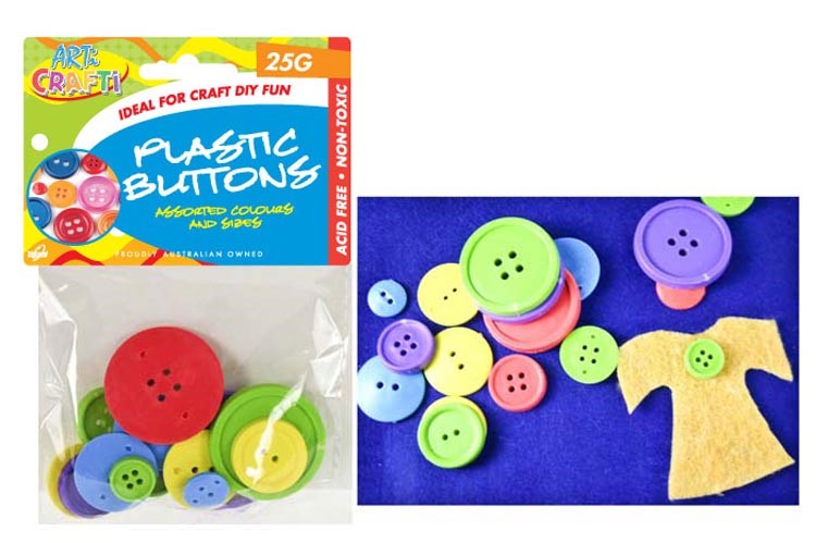 Buttons Plastic Asst Cols 10-37mm 25gm (Approx 45)